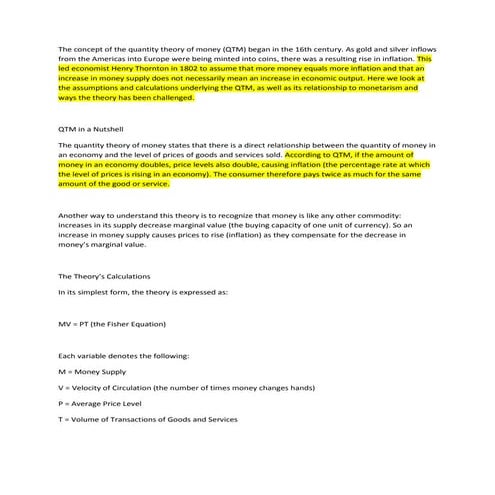 The concept of the quantity theory of money