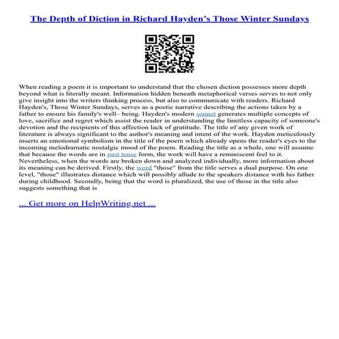 The Depth Of Diction In Richard Hayden’S Those Winter Sundays