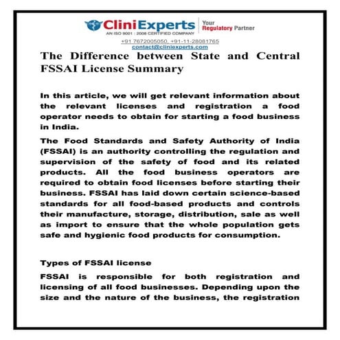 The difference between state and central fssai license summary | PDF
