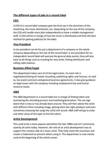 Job roles of a record label