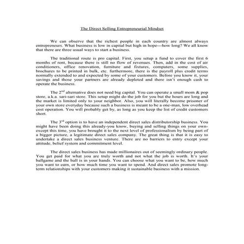 The direct selling entrepreneurial mindset