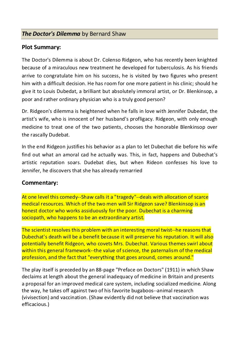 The doctor dilemma summary & commentry