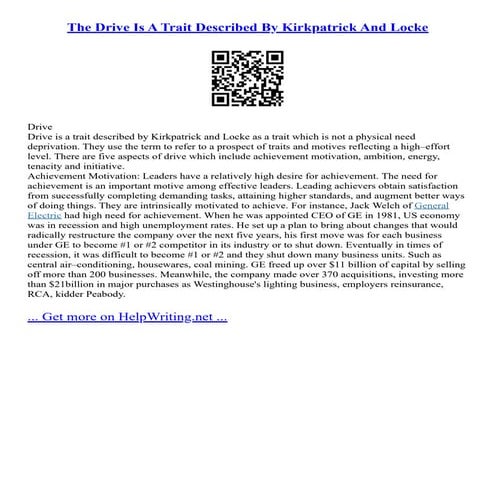 The Drive Is A Trait Described By Kirkpatrick And Locke