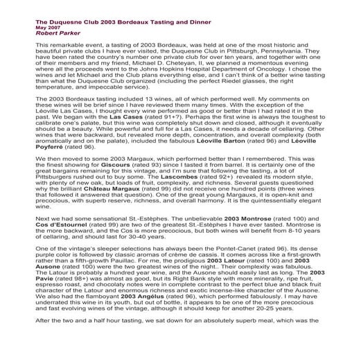 The Duquesne Club 2003 Bordeaux Tasting And Dinner