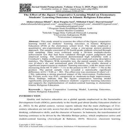 Impact of Jigsaw Cooperative Learning on Elementary Islamic Religious ...