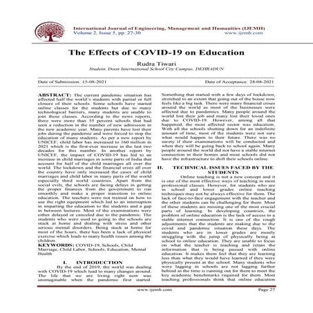 Rudra Tiwari The Effects of COVID 19 on Education | PDF