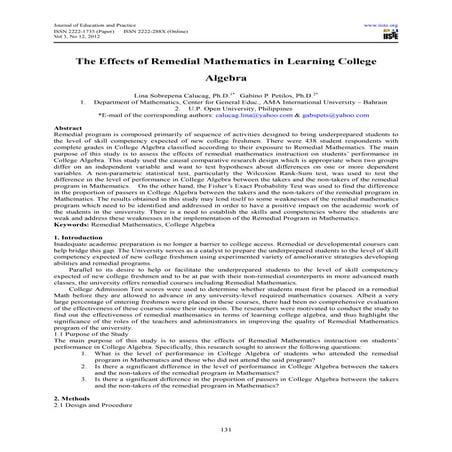 The effects of remedial mathematics in learning college algebra | PDF
