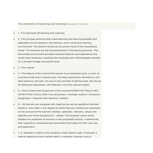 The elements of teaching and learning presentation transcript