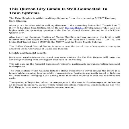 Condo For Sale In Quezon City Is Well-Connected To Train Systems