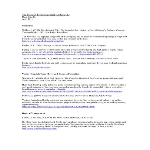 The essential technology start up book list - april 2011 - dave litwiller