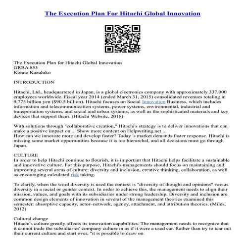The Execution Plan For Hitachi Global Innovation