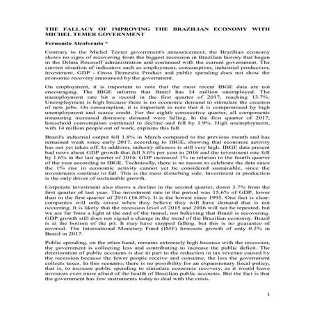 The fallacy of improving the brazilian economy with michel temer government