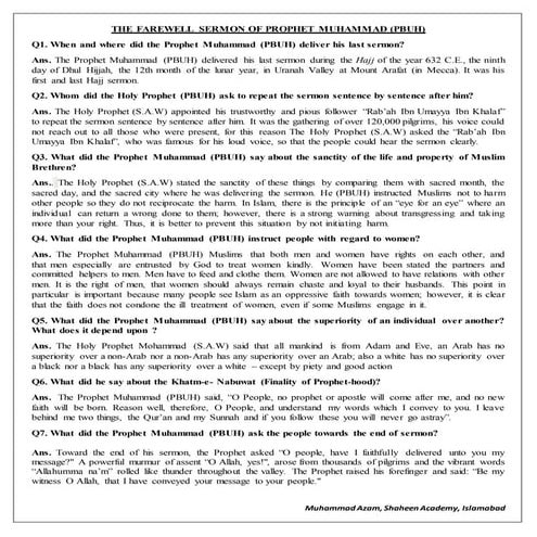 The farewell sermon of Prophet Muhammad (PBUH)