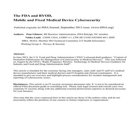 The fda and byod mobile and fixed medical device cybersecurity[1]