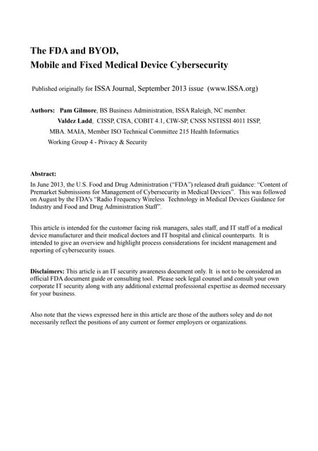 The fda and byod mobile and fixed medical device cybersecurity[1]