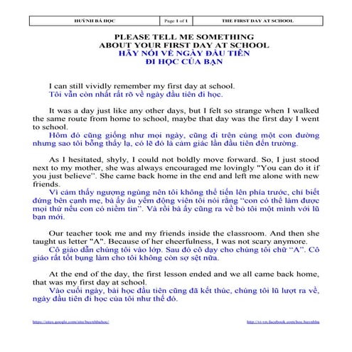 The first day i went to school, hãy nói về ngày đầu tiên đi học của bạn