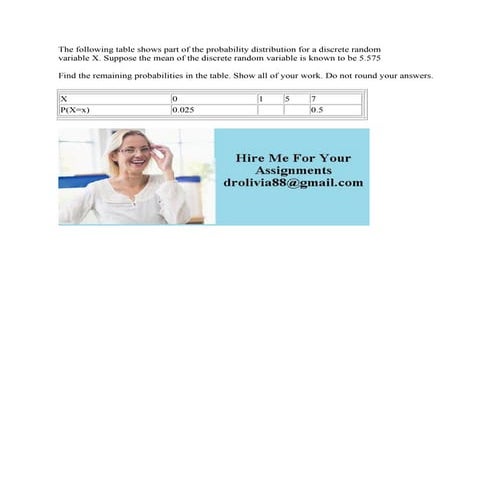 The following table shows part of the probability distribution for a d.pdf