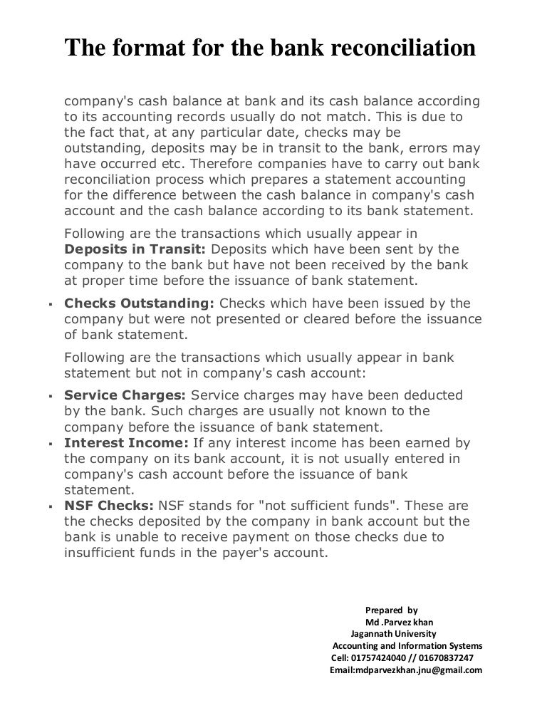 bank reconciliation statement format