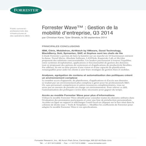Forrester Wave™: Gestion de la mobilité d'entreprise, Q3 2014