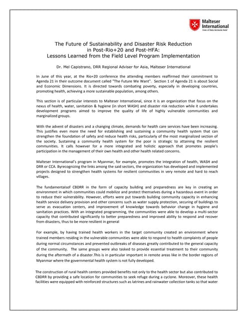 Rio+20 and the future of sustainability and disaster risk reduction