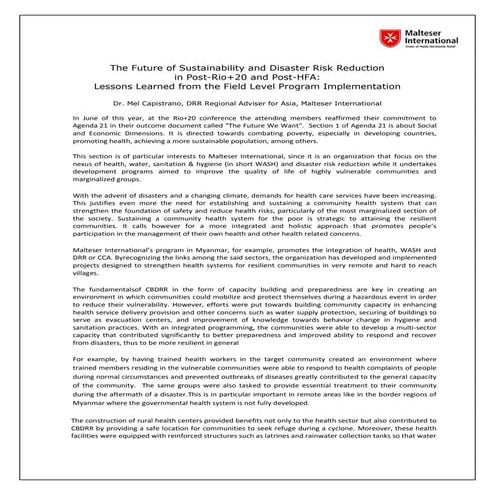 Rio+20 and the future of sustainability and disaster risk reduction