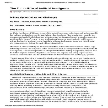 The Future Role of Artificial Intelligence - Military Opportunities and Chall...