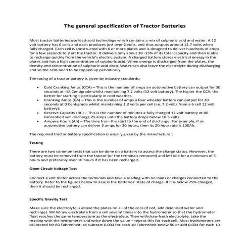 The general specification of tractor batteries