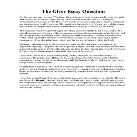 The Giver Essay Questions. . Best Custom Academic Essay Writing Help amp; Wri...