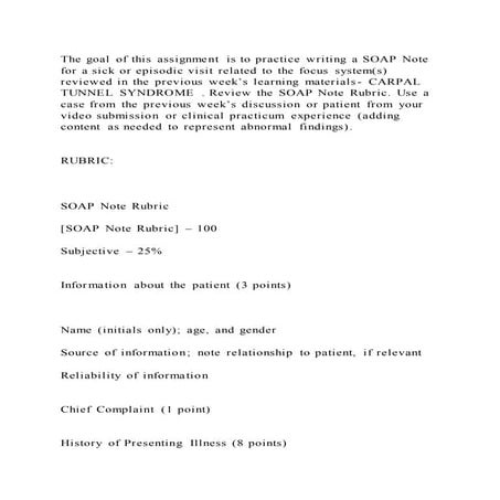 The goal of this assignment is to practice writing a SOAP Note for a
