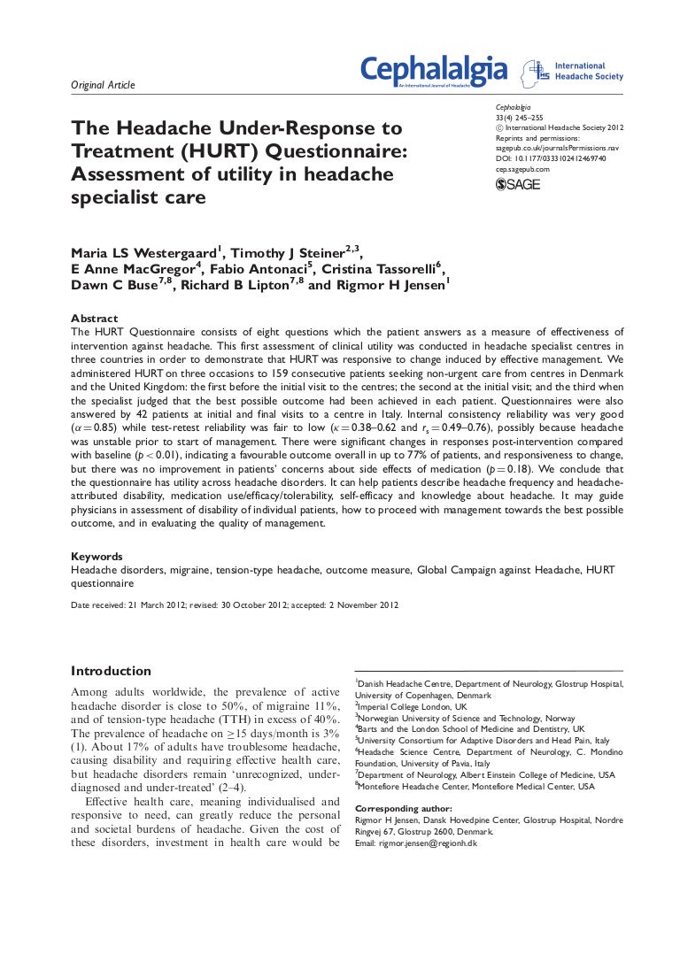 The Headache Under Response To Treatment Hurt Questionnaire Assess