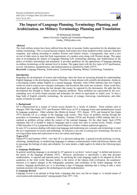The impact of language planning, terminology planning, and arabicization, on ...