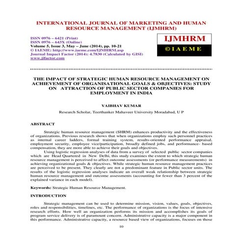The impact of strategic human resource management on  achievement  of  organi...