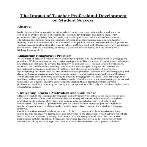 The Impact of Teacher Professional Development on Student Success. | PDF