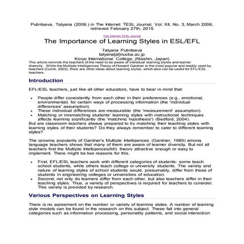 The importance of learning style in esl efl