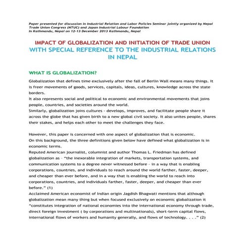 IMPACT OF GLOBALIZATION AND INITIATION OF TRADE UNION WITH SPECIAL ...