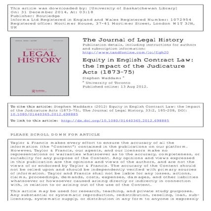 Equity in English Contract Law: the Impact of the Judicature Acts (1873–75)