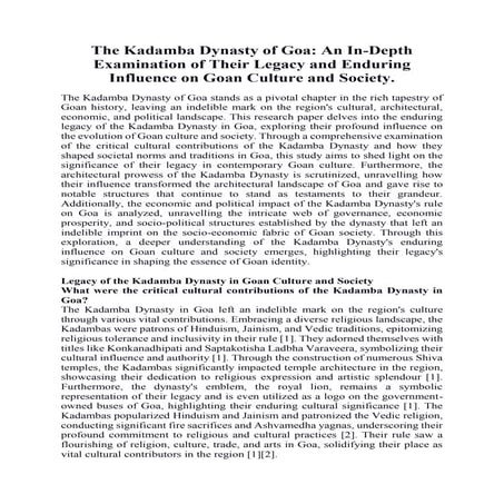 The Kadamba Dynasty of Goa: An In-Depth Examination of Their Legacy and Enduring Influence on Goan Culture and Society.