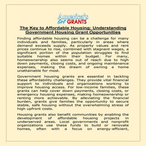 The Key To Affordable Housing Understanding Government Housing Grant