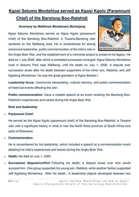The Leadership and Legacy of Kgosi Setumo Montshioa: A Study of the Barolong ...