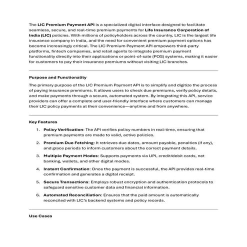 The LIC Premium Payment API is a specialized digital interface designed to fa...