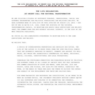 The National Transformation Council: The Lipa Declaration