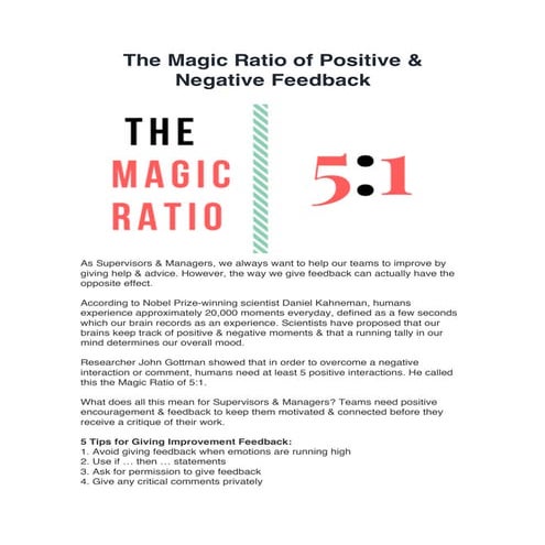 The Magic Feedback Ratio - Dr. John Gottman  5 to 1