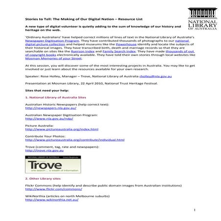 Stories To Tell: The making of our digital nation. Resource list - Projects y...