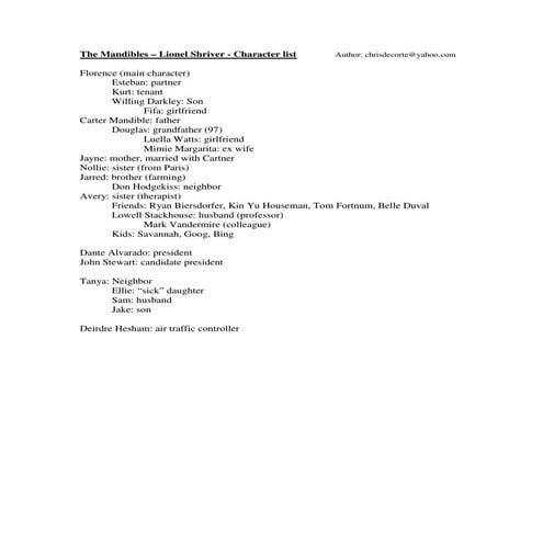 The Mandibles by Lionel Shriver: character list