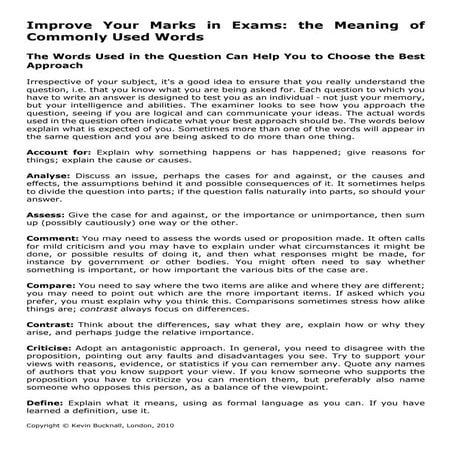 The meaning of commonly used words in exams