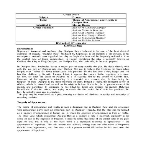 Theme of appearance and reality in Oedipus Rex