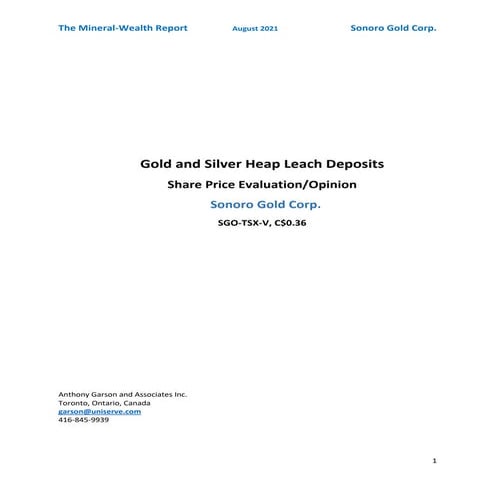 Sonoro Gold - The mineral wealth report by anthony garson and associates