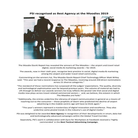 PSI win Best Agency at The Moodies 2019