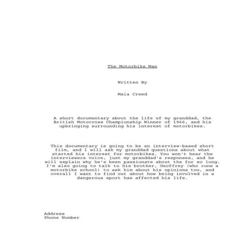 The Motorbike Man Documentary: Draft Script | PDF