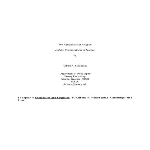 The naturalness of religion and the unnaturalness of science (mc cauley 2000)